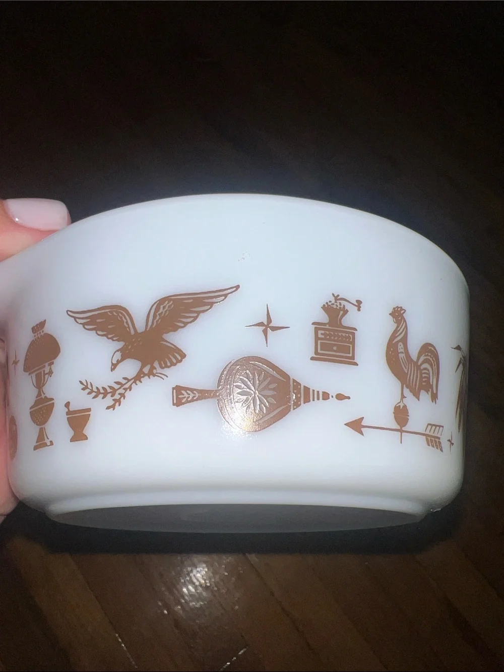 Pyrex Vintage New White Glass Mixing Bowl with Brown Farmhouse Motif